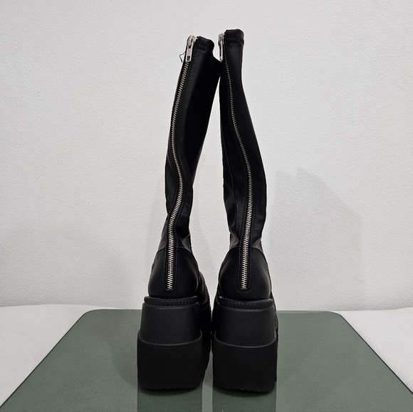 Demonia Shaker-65 Black Str Vegan Leather Platform Knee High Boots Size 7 - Picture 10 of 12
